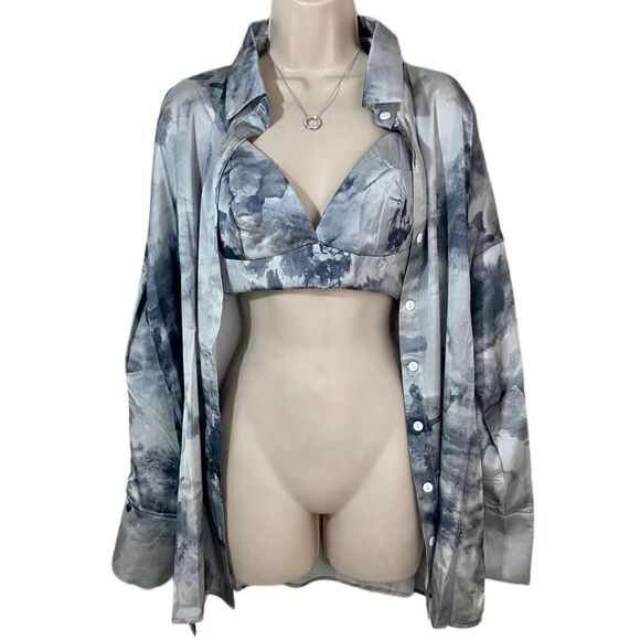New! Oversized Tie Dye Boyfriend Button Down Long Sleeve Top & Matching Cami Bra - Picture 2 of 14